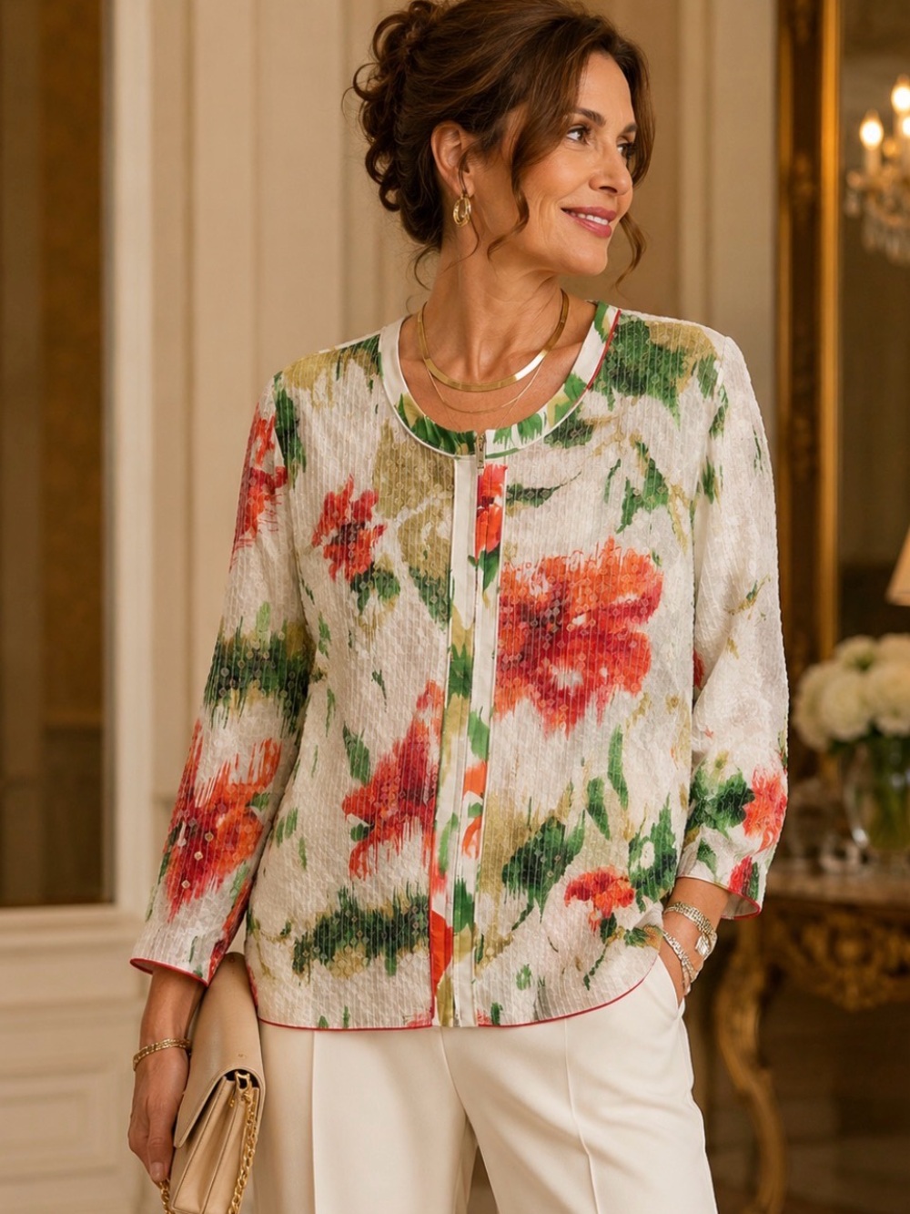 Chico's Floral Print Cardigan Jacket in Cream, Green & Orange
